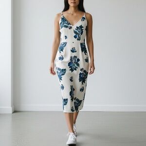 H&M Cream and Blue White Floral Midi Summer Spring Dress NWT Fits M-L